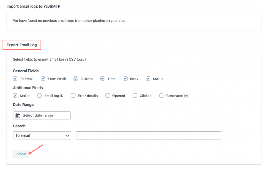 Export the email log from YaySMTP