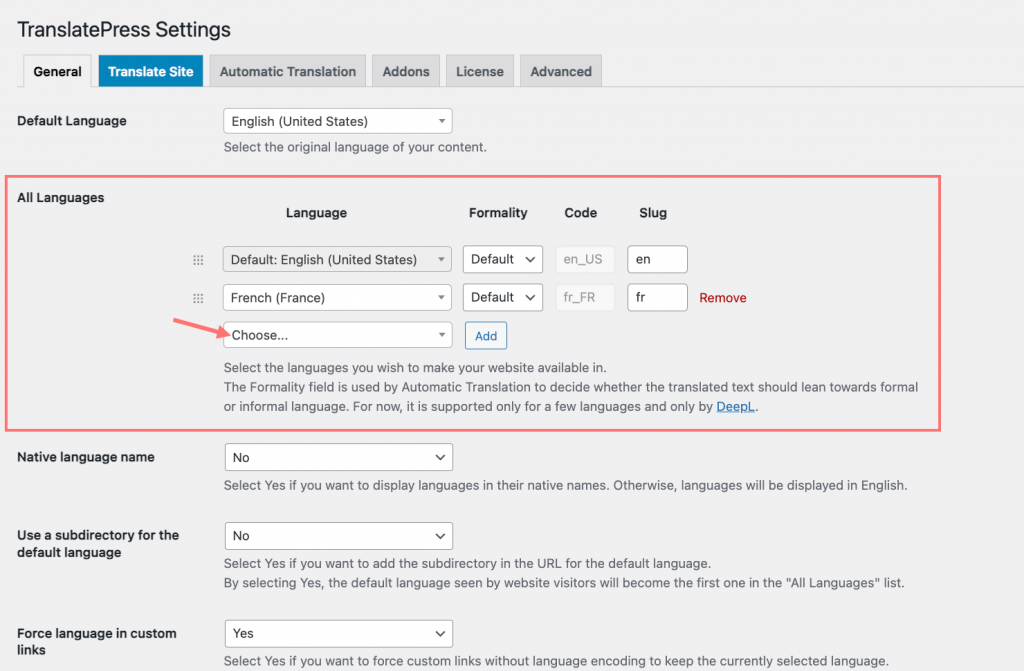 Choose languages in TranslatePress Settings