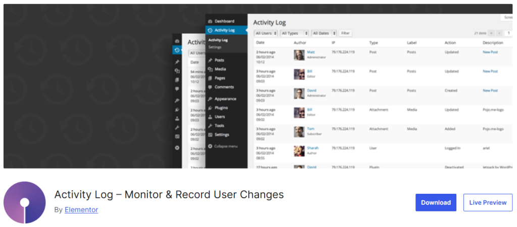 Activity Log – Monitor & Record User Changes - wordpress activity log