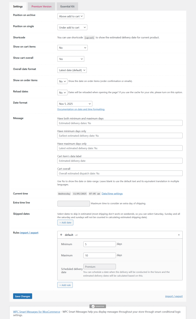 delivery date settings - woocommerce estimated delivery date