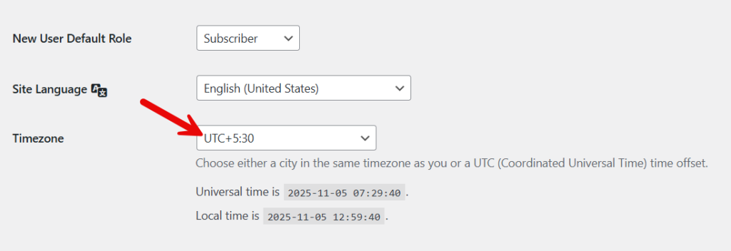 WordPress timezone settings