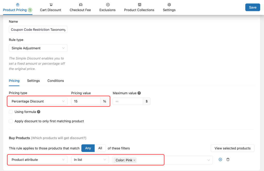 Configure pricing rule to Restricted WooCommerce Discount Coupons Based on Taxonomy